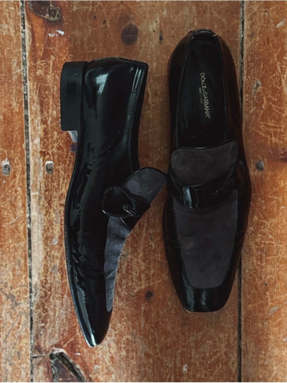 Dolce & Gabbana Black Patent Leather and Dark Suede Loafers size 44